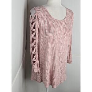 🏈 Jennifer Lopez EUC Cold Shoulder Striped Ladder Top Small Dusty Pink White